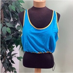 PSK Collective Blue Gold Colorblock Scoopneck Bra Top Drawstring Hem Large NWT